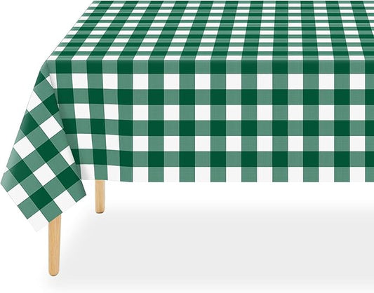 QIKSION Green Gingham Tablecloth Disposable 6 Pack, 54 x 108 Inch Green and White Checkered Table Cloth for Camping, Birthday, Masters Golf Party Supplies, Rectangle, Plastic Table Cover