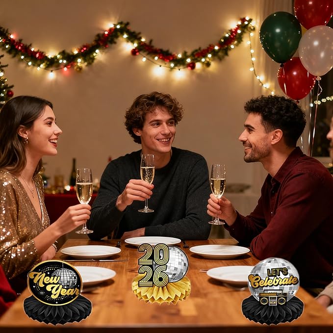 Happy New Years Decorations 2026 Honeycomb Table Centerpieces, 9 Pack Black Silver and Gold Themed Table Toppers for New Year Eve Party Decor Supplies Home Dinning Room Event Party Favors