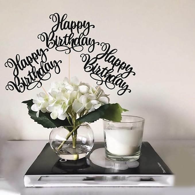 12 PCS Happy Birthday Centerpieces Sticks Double Sided Glitter Birthday Party Decorations Anniversary Table Flower Centerpiece for Celebrating Birthday Party Centerpieces Supplies Black