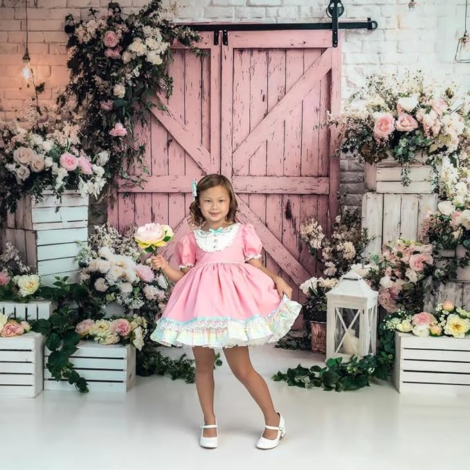 Kate Spring Backdrops Pink Barn Door Photography Backdrop Flowers Children Birthday Party Decorations, 10x10ft