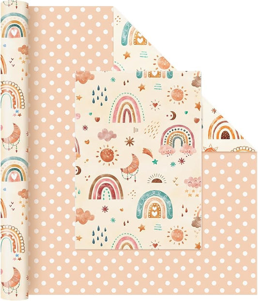 WERNNSAI Rainbow Wrapping Paper - 1 Roll 17” x 33 ft Boho Baby Shower Wrapping Paper Reversible Polka Dot Design for Kids New Baby Birthday Gift Decoration Christening