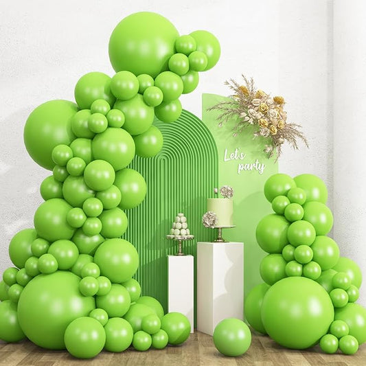RUBFAC 135pcs Lime Green Balloons, Latex Light Fruit Neon Green Balloon Different Sizes 18 12 10 5 Inch for Garland Arch Birthday Baby Shower Dinosaur Jungle Safari Party Decoration