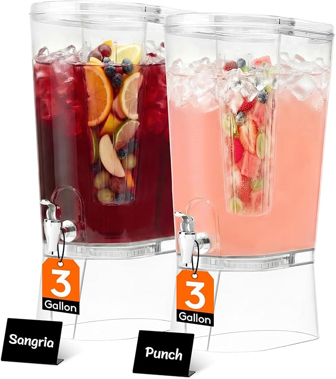 Lifewit 3 Gallon Drink Dispenser for Parties 2 Pcs, Large Plastic Beverage Container for Juice/Tea/Soda with Stand & Ice Core, Clear Lemonade Dispenser with Spigot, BPA Free Water Pitcher for Hosting