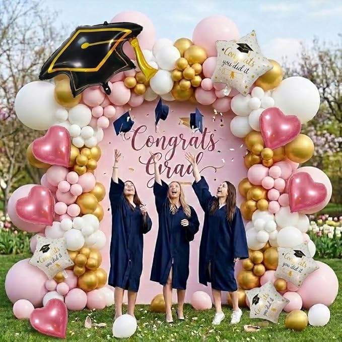 132PCS 2026 Pink Gold White Graduation Balloon Arch Kit Garland Decoration with Heart Star Graduation Cap Foil Balloons for Class of 2026 Girl Grad Party Prom Backdrop Decor