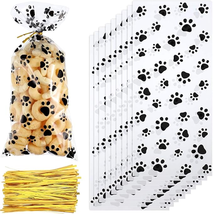 iNINGER 50 Pcs Dog Claws Cellophane Treat Bags with Twist Ties,Pet Paw Cellophane Bags Dog Party Favor Heat Sealable Treat Paw Gift Cat Candy Bags for Pet Party Favors