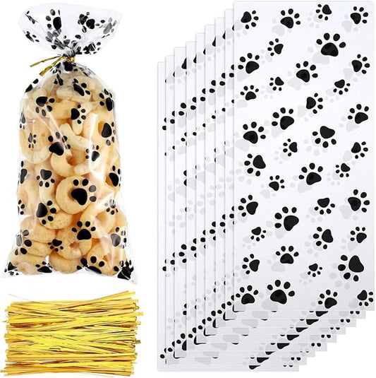 iNINGER 50 Pcs Dog Claws Cellophane Treat Bags with Twist Ties,Pet Paw Cellophane Bags Dog Party Favor Heat Sealable Treat Paw Gift Cat Candy Bags for Pet Party Favors