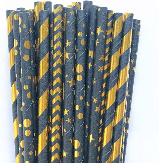 100 pcs Mixed Disposable Party Paper Straws, Black Metallic Gold Foil Stripe Chevron Dot Star Drinking Straws Bulk, Holiday New Years Eve Graduation Bachelorette Cake Pop Sticks (Until Midnight)