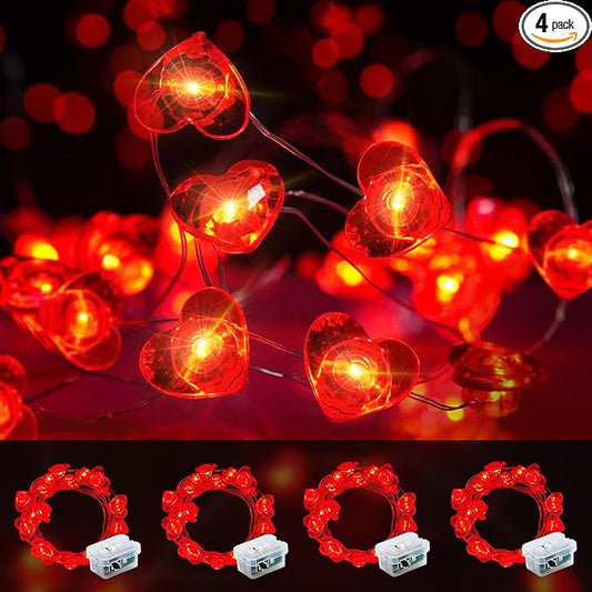 Valentine's Day Red Heart Fairy Lights 7Ft 20 LED Twinkle 3 Modes String Lights Battery Operated Waterproof Firefly Starry for Mason Jar Party Wedding Valentines Mother's Day,4 Pack