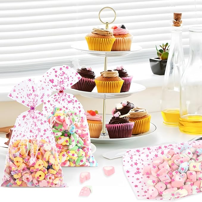 100Pcs Cellophane Treat Bags,7 X 12 Inches Pink Star Clear Cellophane Bags,100 Twist Ties,for Gift Wrapping,Packaging Candies,Dessert,Bakery, Cookies, Chocolate,Party Party Decorations