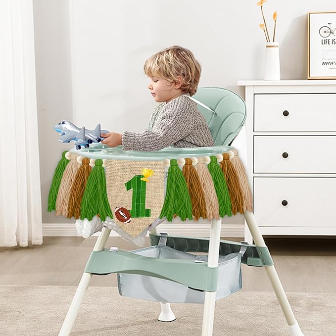 Football Theme 1st Birthday High Chair Banner Green and Brown Yarn Tassel Garland 1 Year Old Birthday Party Decoration with Football Gold Trophy Patterns and Wood Beads for Photo Booth Props