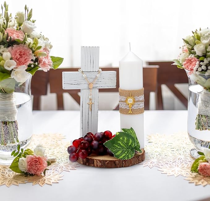 Amyhill 3 Sets Cross Table Decor Baptism Centerpieces Sets Confirmation Candle Standing Cross with Jhs Candles First Communion Table Decor for Wedding Baby Shower Christening Church