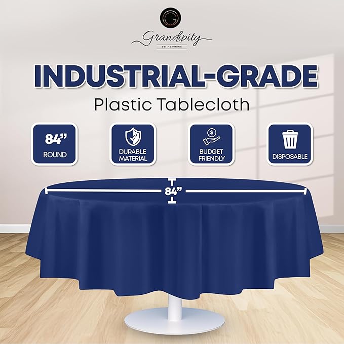 Grandipity Navy Blue Plastic Table Cloth Disposable (6 Pk) 84in Round Tablecloth Premium Party Table Cloths Disposable - Perfect Table Cloth Round Cover for Any Table Up to 6 Feet