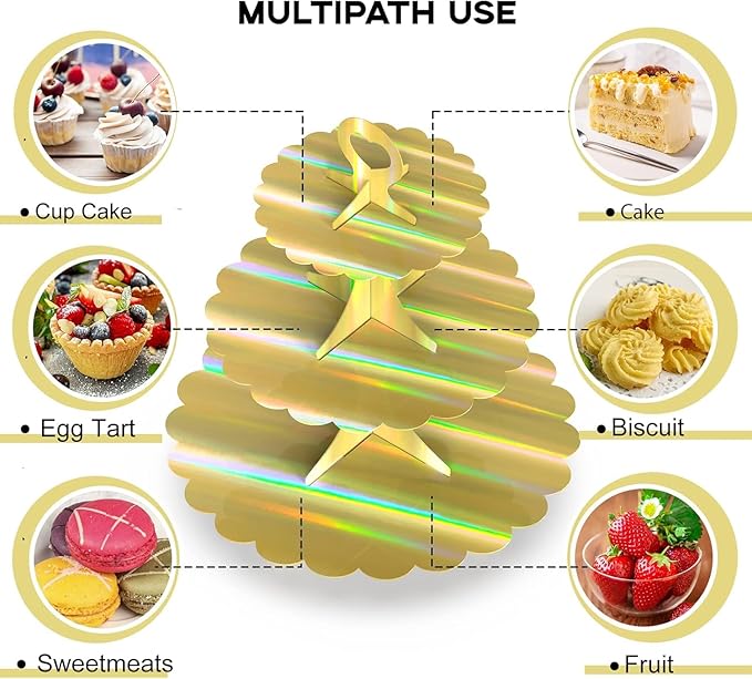 3-Tier Cupcake Stand,Rainbow Gold Cupcake Tower,Tiered Cardboard Dessert Cake Holder Decoration for Birthday Party Weddings Baby Showers (1 Pack) ﻿ ﻿ ﻿ ﻿