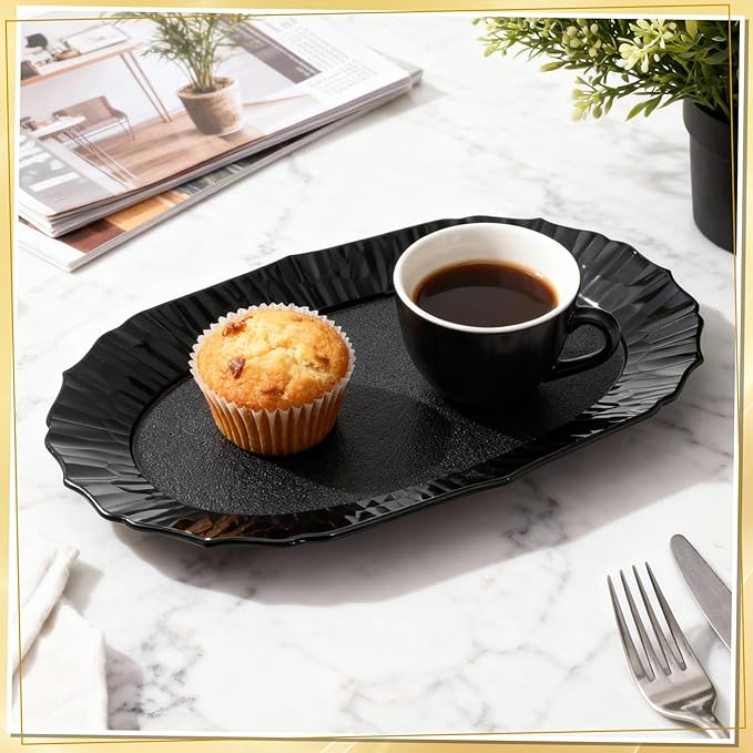 12 Pcs Black Plastic Serving Tray Bulk, 14.5" x 8.6" Rectangle Black Party Platters Reusable Decorative Dessert Table Serving Trays for Graduation Wedding Birthday Party Cupcake Decoration