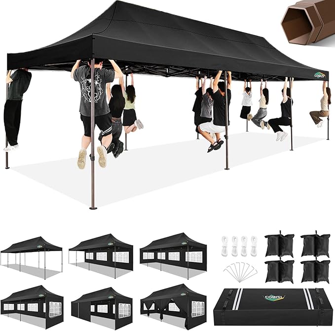 COBIZI 10x30 Pop Up Heavy Duty Canopy with 8 Sidewalls and Hexagonal Legs, Easy up Tent for Party, Wedding and Commercial, Outdoor Canopy with Carry Bag, Waterproof & UPF50+ (Black)