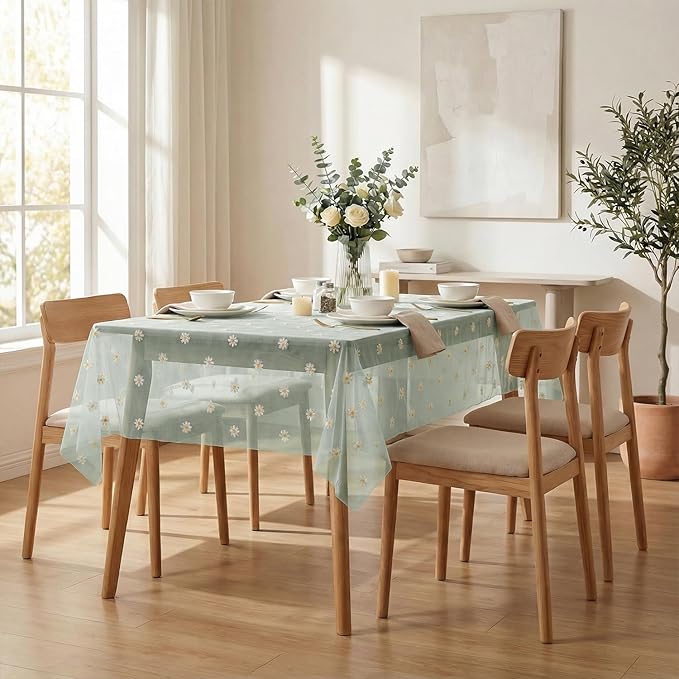 Horaldaily Green Embroidery Daisy Spring Summer Gauze Tablecloth 60×120 Inch Rectangular, Seasonal Tulle Table Cover, Garden Party Decorations for Wedding, Party, Holiday Dining