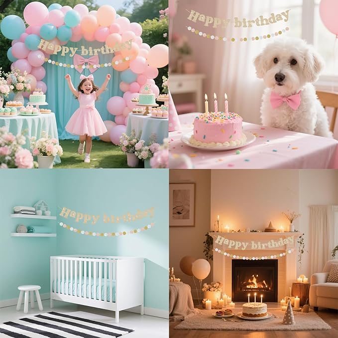 Champagne Gold Happy Birthday Banner, Pre-Strung Happy Birthday Sign, Glitter Birthday Party Supplies with Circle for Party Door Wall Mantle Hanging Sign Backdrop Decorations