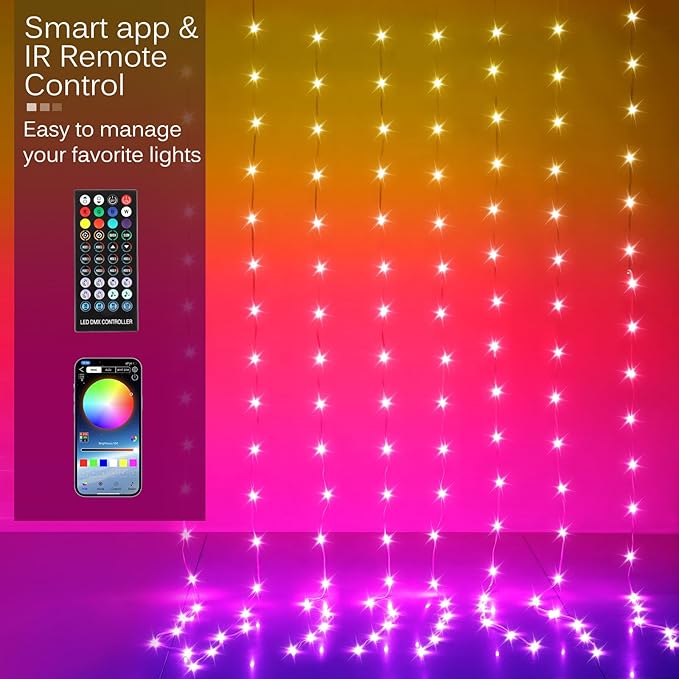 LED Curtain Lights, 9.8ft x 9.8ft 300 LED Color Changing String Fairy Lights Curtain Smart APP Control, Music & Voice Sync for Bedroom Wall Backdrop Indoor Outdoor Christmas Decorations