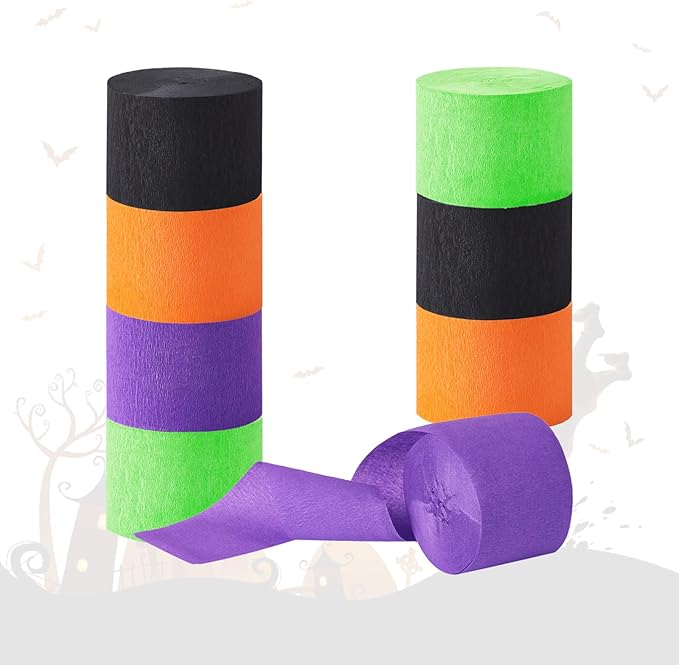 Halloween Party Streamers, Black Orange Purple Crepe Paper Kit 8 Rolls, Halloween Decorations Ceiling Hanging Backdrop Scary Party Supplies DIY Crepe Paper Roll