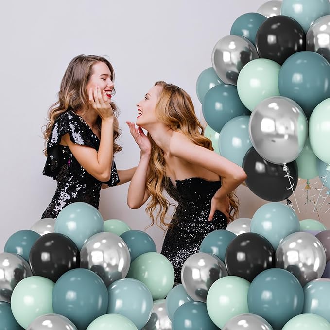 HILAVO Dusty Blue and Black Balloons 60pcs 12 Inch Race Car Slate Light Pale Blue Green Black Metallic Silver Latex Helium Balloon for Boys Race Car Fast Birthday Safari Baby Shower Party Decorations