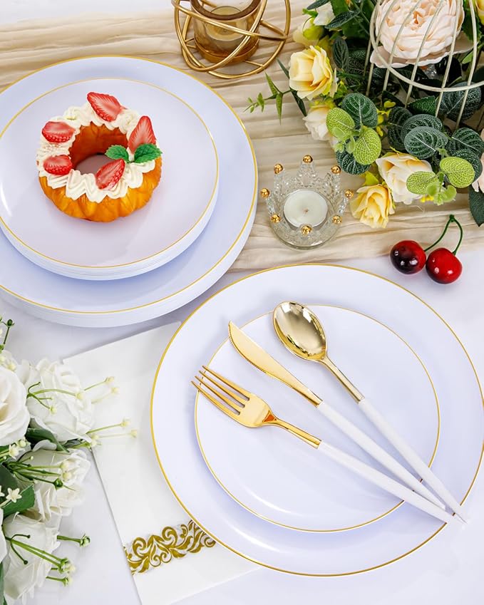 Supernal Elegant White and Gold Plastic Dinnerware Set ??Premium Heavy-Duty Disposable Plates & Gold Plastic Silverware for Weddings, Outdoor Parties & Birthdays (Serves 30)