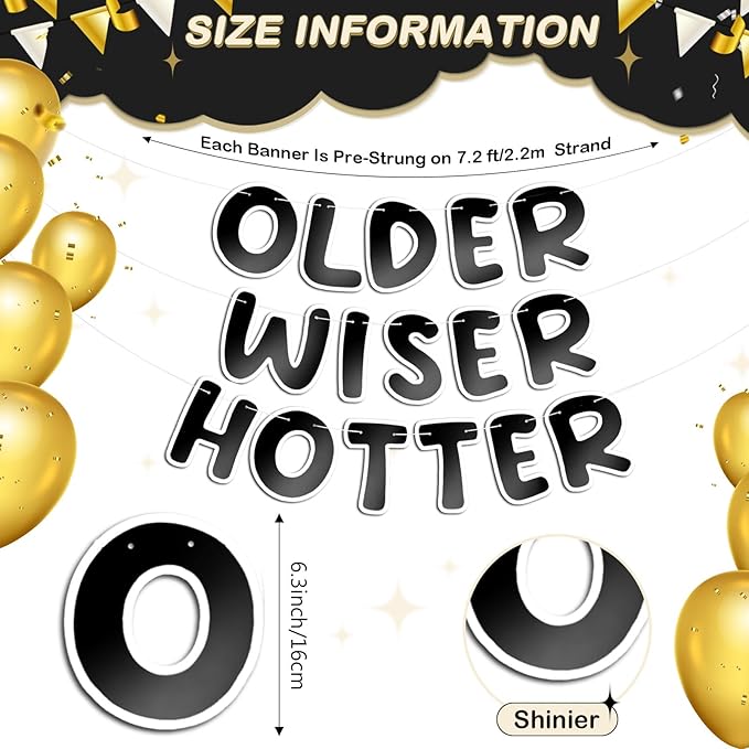 Fulmoon Set of 3 Pre Strung Older Wiser Hotter Glitter Banner Funny Birthday Banner for Women 30th 40th 50th 60th 70th 80th Birthday Party Decorations Sign Gift(Bright Black and White)