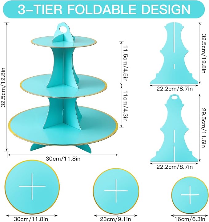 Soleebee 3-Tier Round Cupcake Stand, Cardboard Cupcake Tower, Dessert Cup Cake Stand Tower for Birthday Wedding Party Decoration, Cupcake Tier Stand 2 Set (Blue Gold)