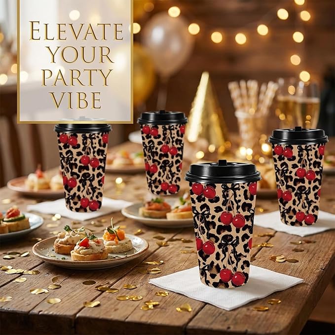 Whaline 50 Sets Leopard Print Coffee Paper Cups Bow Cherry Cheetah 16oz Disposable Cups with Lids for Hot Cold Drinks Birthday Bachelorette Safari Animal Party Supplies