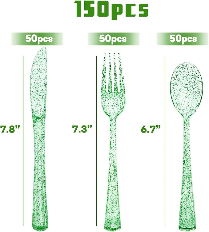 150 PCS Green Plastic Silverware, Green Glitter Plastic Utensils - 50 Forks, 50 Knives, 50 Spoons for Birthday, Baby Shower, Picnic, Graduation Party
