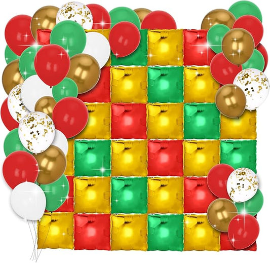 138Pcs Christmas Balloon Arch Kit and Backdrop Double Sided Red Green & Gold Square Foil Balloons Wall, Christmas Balloons Decorations, Balloon Garland kit for Xmas New Years Birthday