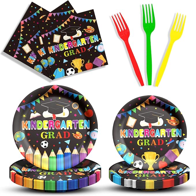 96 Pcs Kindergarten Graduation Paper Plates and Napkins Disposable Pre-K Grad Party Supplies Decorations Tableware for 2026 Preschool Kindergarten Graduation Party Supplies