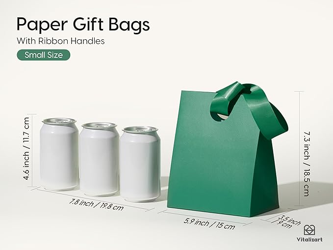 Vitalizart Paper Gift Bags With Ribbon Handles Set of 10 Green Bulk Reusable For Gift Wrap Girls Kids Birthday Bridal Shower Party Favors Goodie Bags Candy Christmas 5.91"x3.54"x7.28" Small