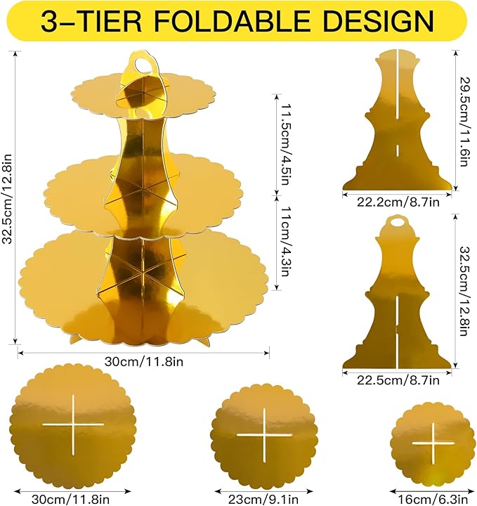 Soleebee 3-Tier Cupcake Stand, Cardboard Cupcake Tower, Dessert Cup Cake Stand Tower for Birthday Wedding Party Decoration, Cupcake Tier Stand 1 Set (Gold)