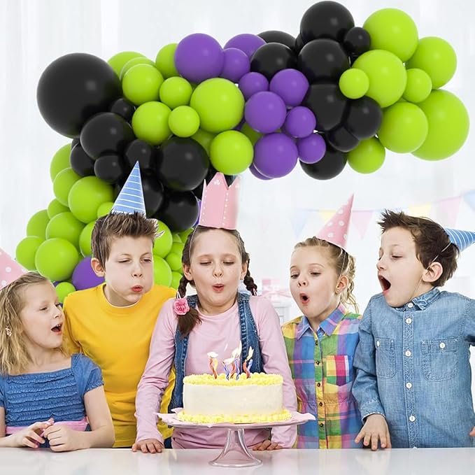 Lime Green Purple Black Balloon Garland Kit, 122PCS Black Purple Fruit Green Party Balloons for Birthday Video Game Anniversary Wedding Engagement Anniversary Graduation Racing Car Party Decorations