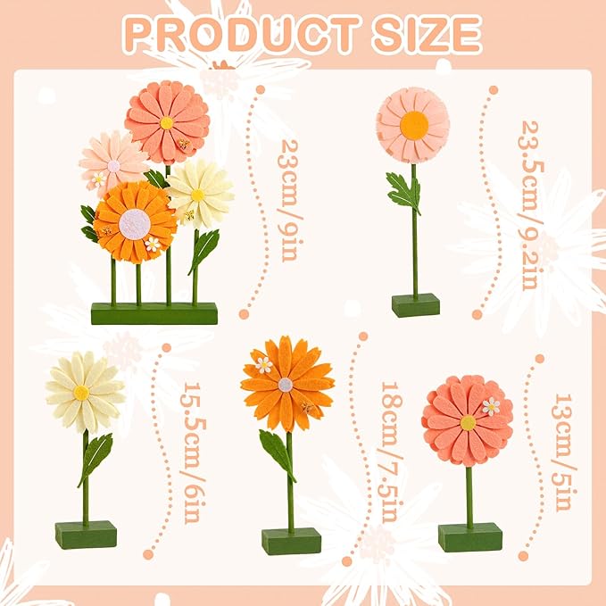SUNBEAUTY 8 PCS Daisy Felt Centerpieces for Tables Flower Birthday Decorations Daisy Birthday Party Decorations Pink Orange Spring Floral Table Decor for Girl Birthday Baby Shower Garden Home Decor