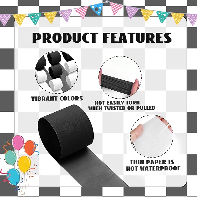 Black White Crepe Paper Streamers 8 Rolls 32ft Race Car Birthday Party Supplies Baby Shower Sports Racing Decorations(1.77inx32ft)