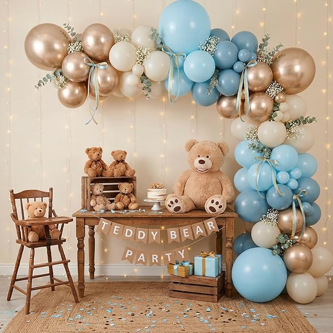 RUBFAC Dusty Blue and Gold Balloons, 65pcs 12 Inches Champagne Gold Metallic Fog Baby Blue Balloon for Baby Boy Shower Bridal Birthday Wedding Party Decorations