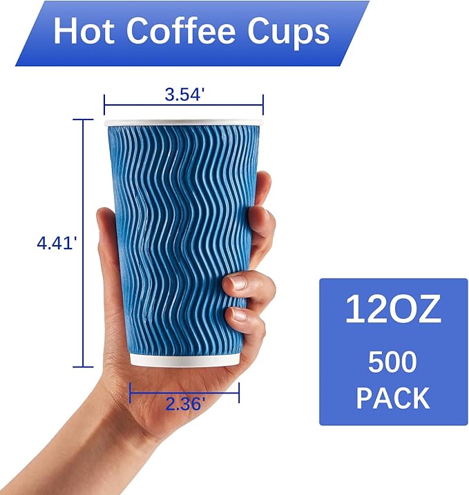 Lamosi 500-Count 12 oz Insulated Paper Coffee Cups Bulk, Disposable Corrugated Cups 12oz, Kraft Ripple Wall Design for Hot Beverage or Cold Drink Office Home Party Travel Cafe (Navy)
