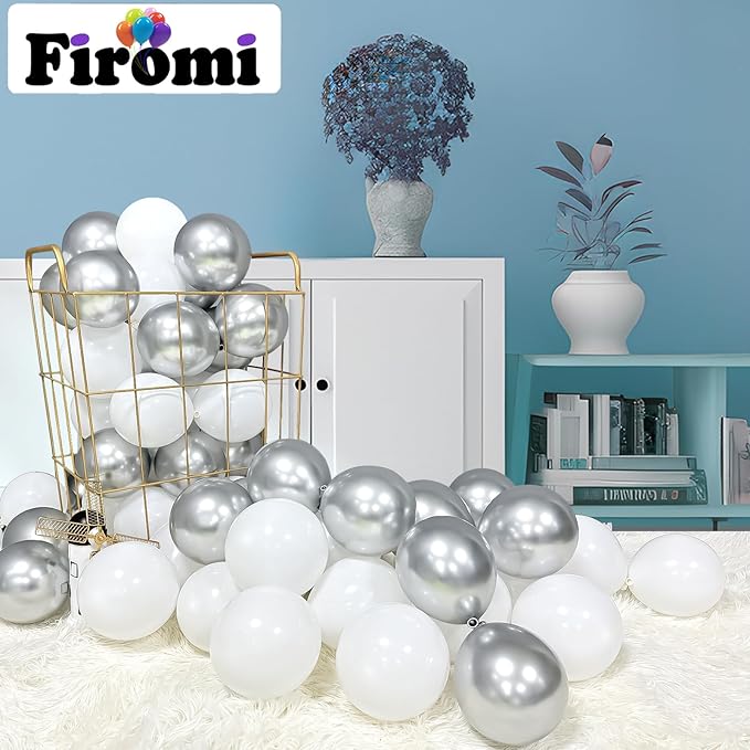 Firomi Metallic Silver Balloons 5-inch 100 Pack Helium Small-Medium Shiny Round Chrome Silver Thicken Latex Balloon for Wedding Birthday Party (with 2 Ribbons)