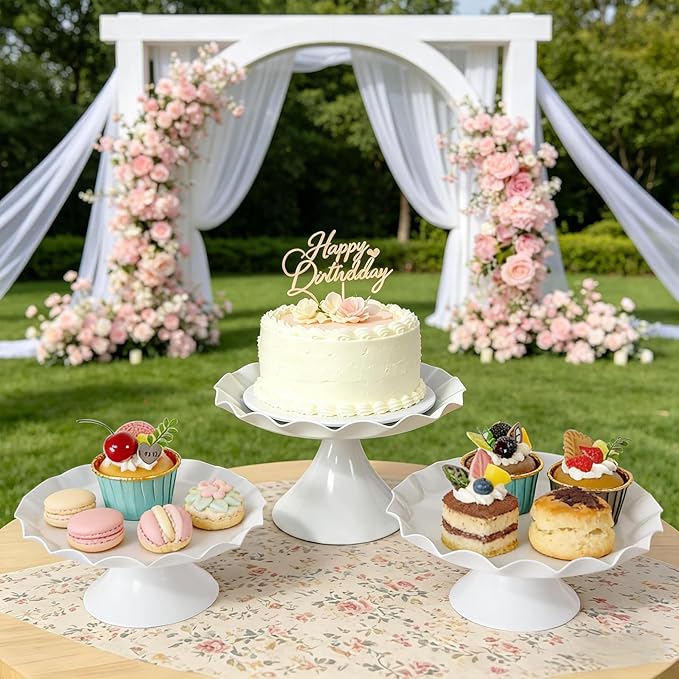 3 Pcs Metal Cake Stand Set, Scalloped Edge Cupcake Tray Dessert Display Platter, Decorative Serving Stand for Wedding, Birthday, Tea Party,Baby Show (White)