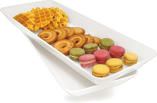 Serving Tray Platter Rectangle, 2 Pcs Long Narrow Food Tray for Veggie Fruit Snack Dessert, Plastic White Food Trays for Party Supplies Display, Rectangular Platters for Serving Food, BPA Free