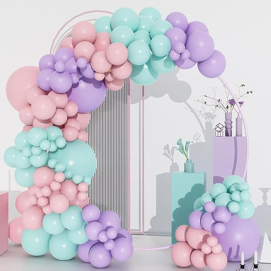 Pastel Tea Balloons Arch Garland Kit, 134pcs Macaron Green,Purple,Pastel Pink Balloons for Birthday Baby Shower Bridal Shower Wedding Anniversary Engagement Gender Reveal Tea Party Decorations