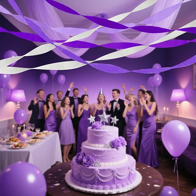 PheiLa 4 Rolls Crepe Paper Streamers Purple and White Paper Party Streamers for DIY Gift Wrapping Wedding Engagement Birthday Lavender Party Home Decoration, 1.77 Inch x 82 Ft/Roll, 328ft