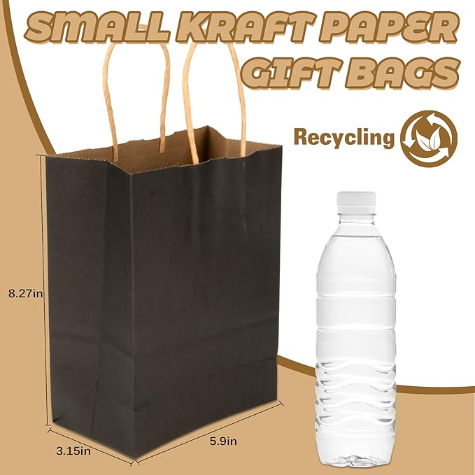 MAQIHAN Small Kraft Bags with Handles - 15 Pcs Kraft Gift Paper Bags Black Bag Gift Bag Craft Bag with Candy Birthday Party Favor Christmas Valentines Shopping Small Business
