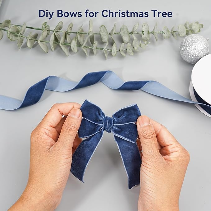 Navy Blue Velvet Ribbon for Gift Wrapping, 3 Rolls Vintage Thin Velvet Ribbon Set for Christmas Tree Decoration, 3/8, 5/8, 1 inch Wide, 30 Yards Totally, Thick Christmas Ribbons for Bow Ornaments