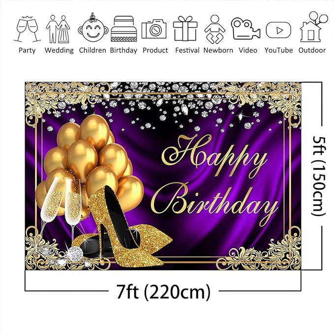 Mocsicka Royal Purple Birthday Backdrop Shiny Diamond Gold Heels Champagne Photography Background Vinyl Adults Women Happy Birthday Golden Frame Party Decorations Supplies Photo Props (7x5ft)