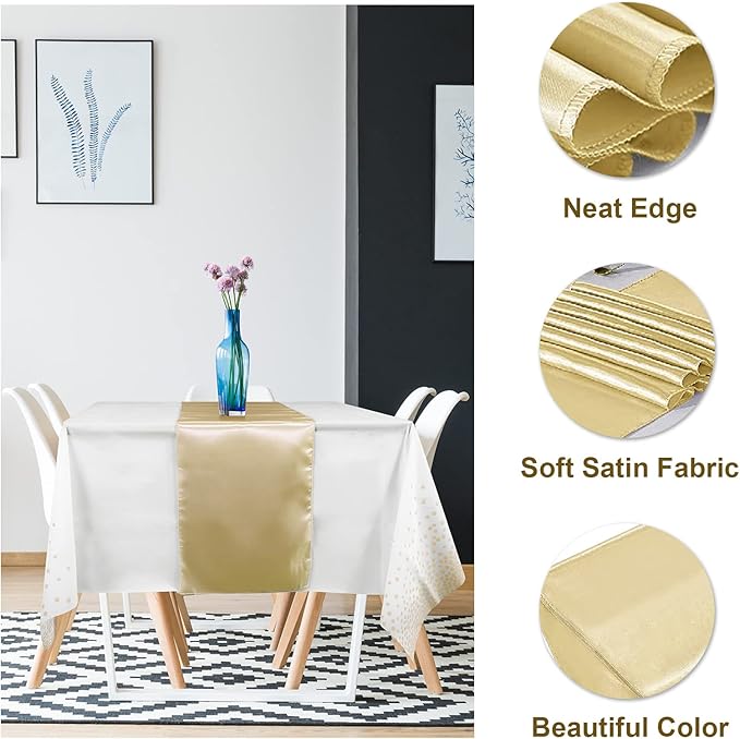 24Pack Disposable Plastic Tablecloths and Satin Table Runner Set White and Gold Dot Tablecloth Gold Satin Table Runner for Wedding Birthday Baby Shower Anniversary Christmas New Year Party Decorations