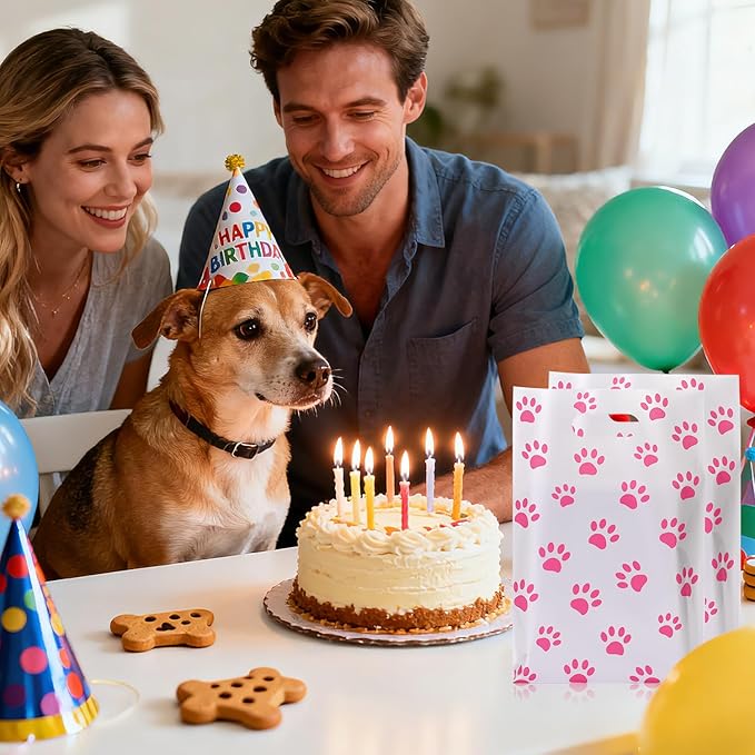 HappFestiv 50 Pcs Pink Dog Paw Party Favor Bags, Cute Puppy Plastic Goodie Bags for Candy & Small Gifts, Dog Paw Party Decorations and Supplies Treat Bags, Gift Bags for Birthday Party Baby Shower