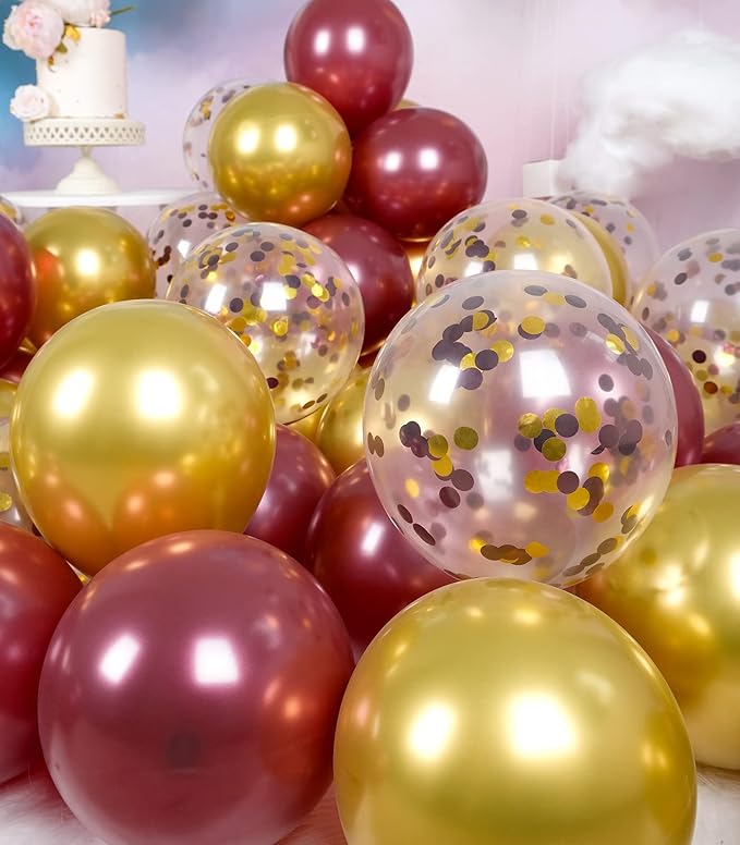 Metallic Burgundy and Gold Balloons 12 Inch 67PCS Gold Maroon Shiny Confetti Balloons Latex Helium Balloon Set for Graduation Wedding Birthday Party Decorations