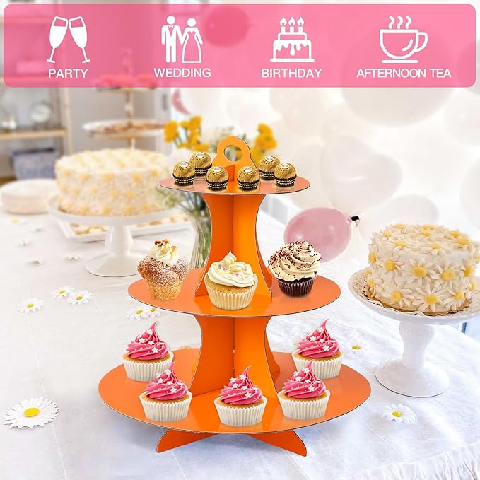 Soleebee 3-Tier Round Cupcake Stand, Cardboard Cupcake Tower, Dessert Cup Cake Stand Tower for Birthday Wedding Party Decoration, Cupcake Tier Stand 1 Set (Orange)